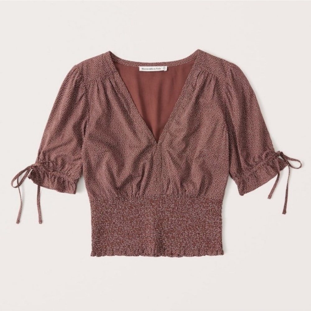 Abercrombie & Fitch Tie-Sleeve Smocked Waist Top - Brown & White Sz: Small